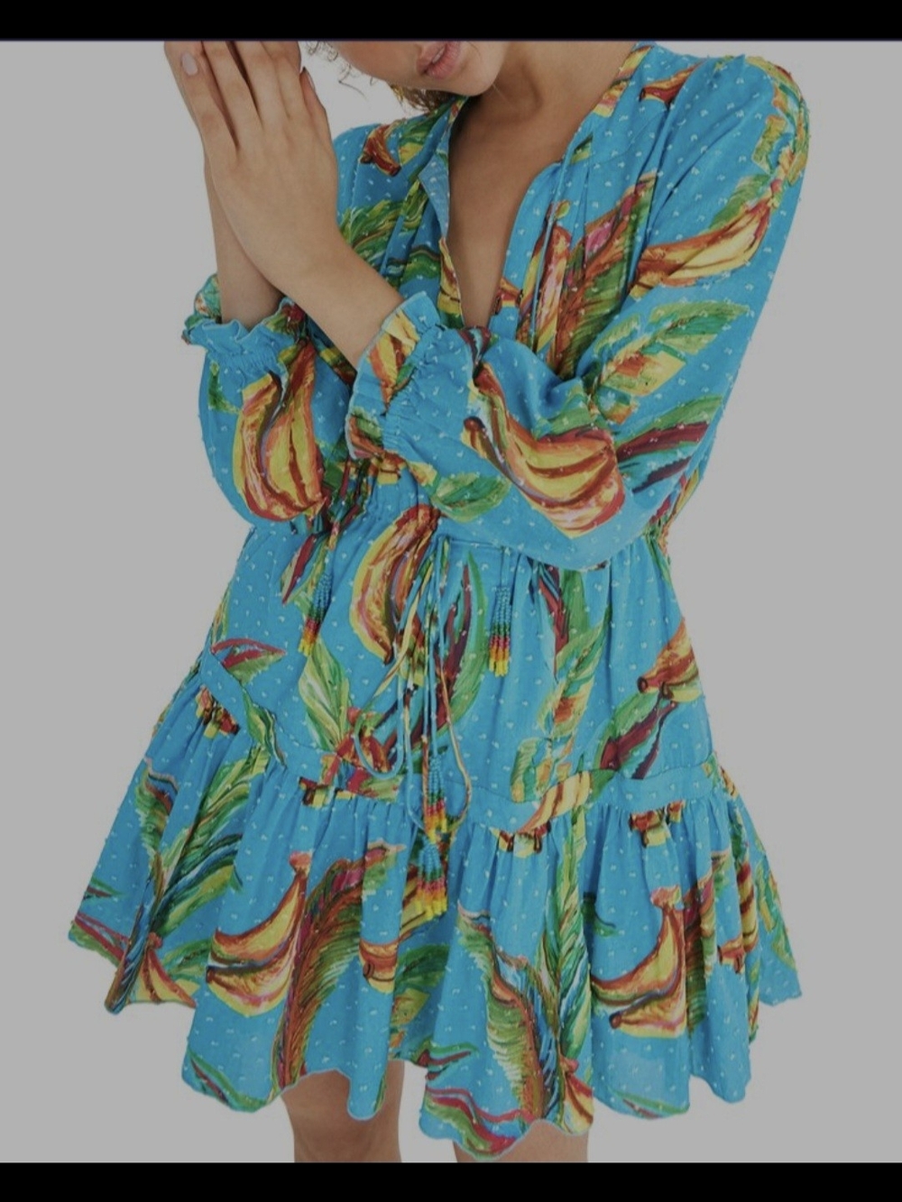 Farm Rio- Blue Tropical Print Tiered Mini Dress